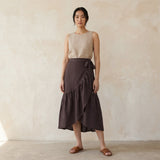 Brown Cotton Flax Ruffle Midi Wrap Skirt