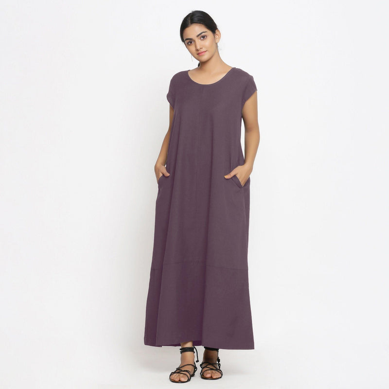 Front View of a Model wearing Brown Cotton Flax A-Line Paneled Dress