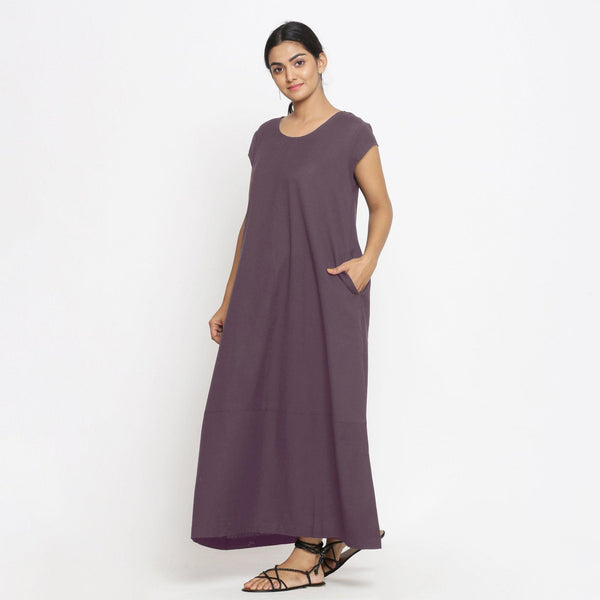 Left View of a Model wearing Brown Cotton Flax A-Line Paneled Dress