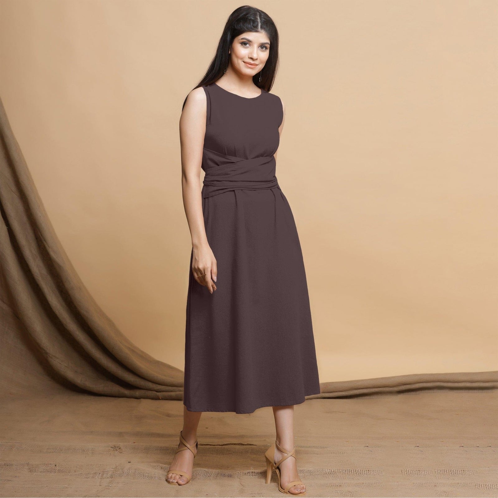 chinese dress ladies Brown Cotton Flax Sleeveless A-Line Midi Dress 62