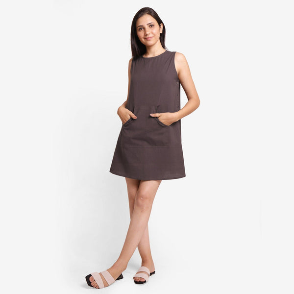 Front View Of a Model wearing Brown Cotton Flax Kangaroo Pocket Dress