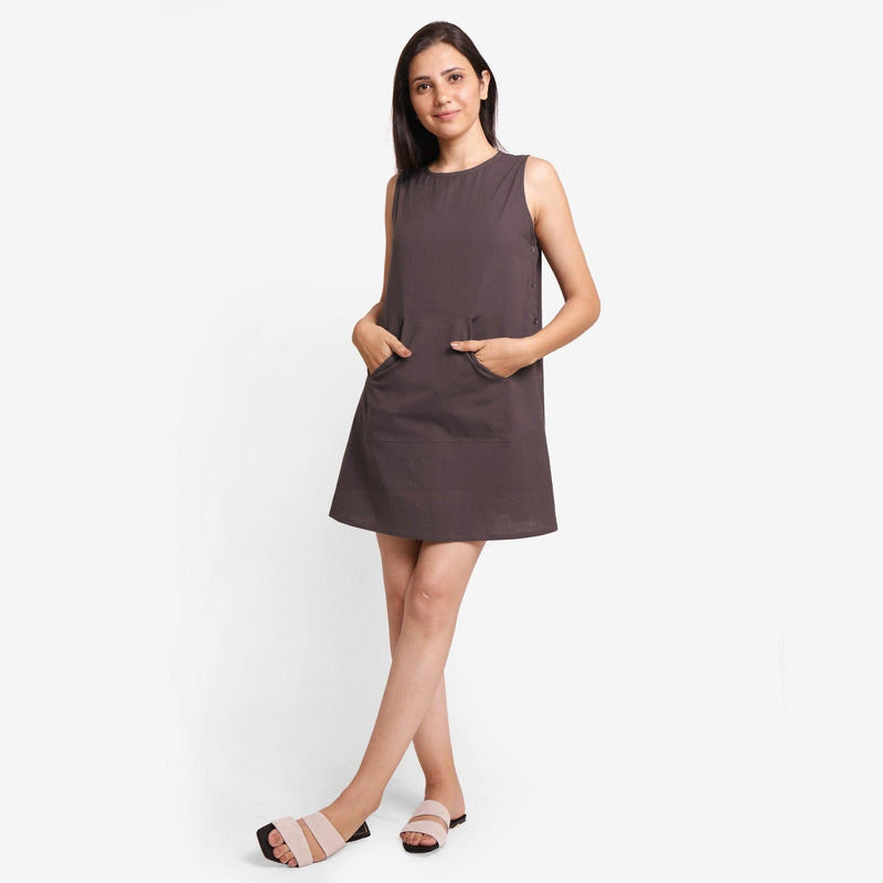 Front View Of a Model wearing Brown Cotton Flax Kangaroo Pocket Dress