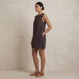 Brown Cotton Flax Sleeveless A-Line Short Shift Dress