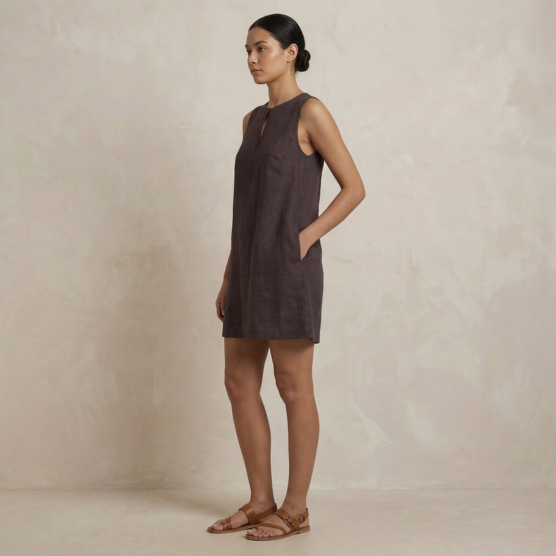 Brown Cotton Flax Sleeveless A-Line Short Shift Dress 50" / Regular (5'2" - 5'6") Brown Cotton Flax Sleeveless A-Line Short Shift Dress 50" / Regular (5'2" - 5'6")