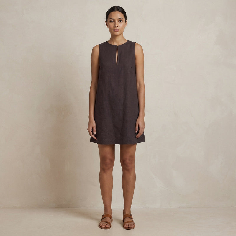 Brown Cotton Flax Sleeveless A-Line Short Shift Dress 50