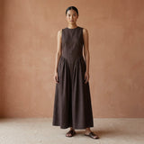 Brown Cotton Flax Sleeveless Paneled Maxi Dress