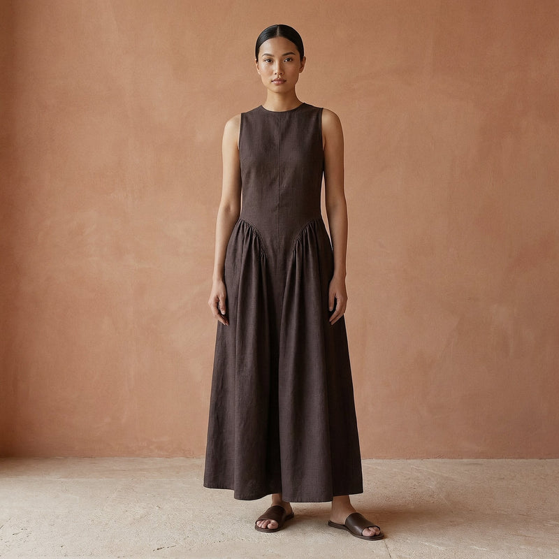 Buy Brown Cotton Flax Sleeveless Paneled Maxi Dress Online at SeamsFriendly