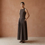 Brown Cotton Flax Sleeveless Paneled Maxi Dress