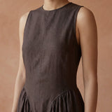 Brown Cotton Flax Sleeveless Paneled Maxi Dress