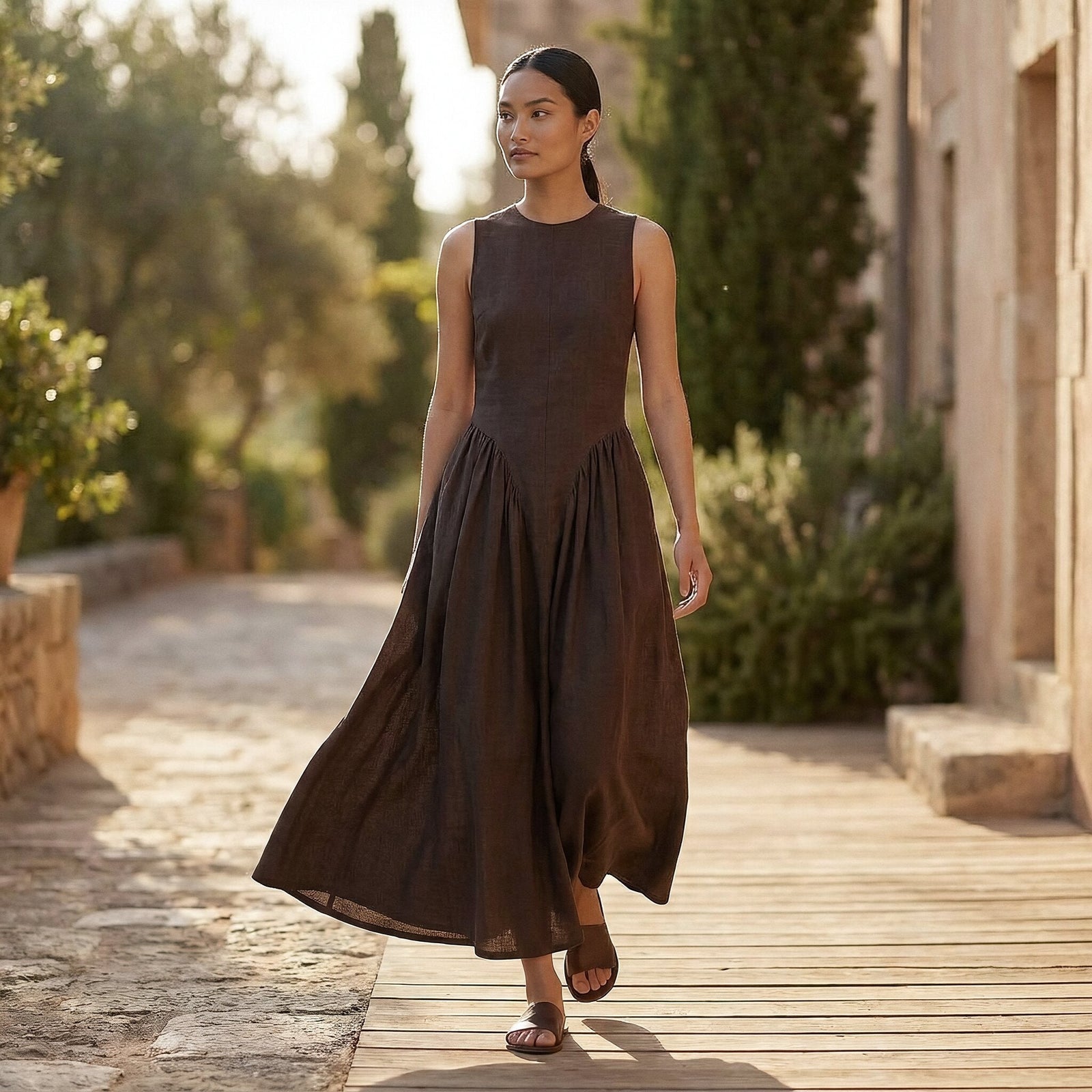 Buy Brown Cotton Flax Sleeveless Paneled Maxi Dress Online at SeamsFriendly Buy Brown Cotton Flax Sleeveless Paneled Maxi Dress Online at SeamsFriendly