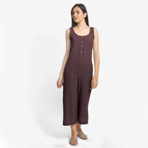 Brown Cotton Flax Sleeveless Wide Legged Jumpsuit