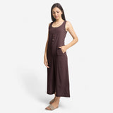 Brown Cotton Flax Sleeveless Wide Legged Jumpsuit