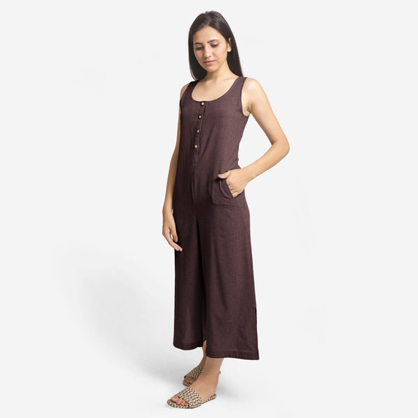 Brown Cotton Flax Sleeveless Wide Legged Jumpsuit