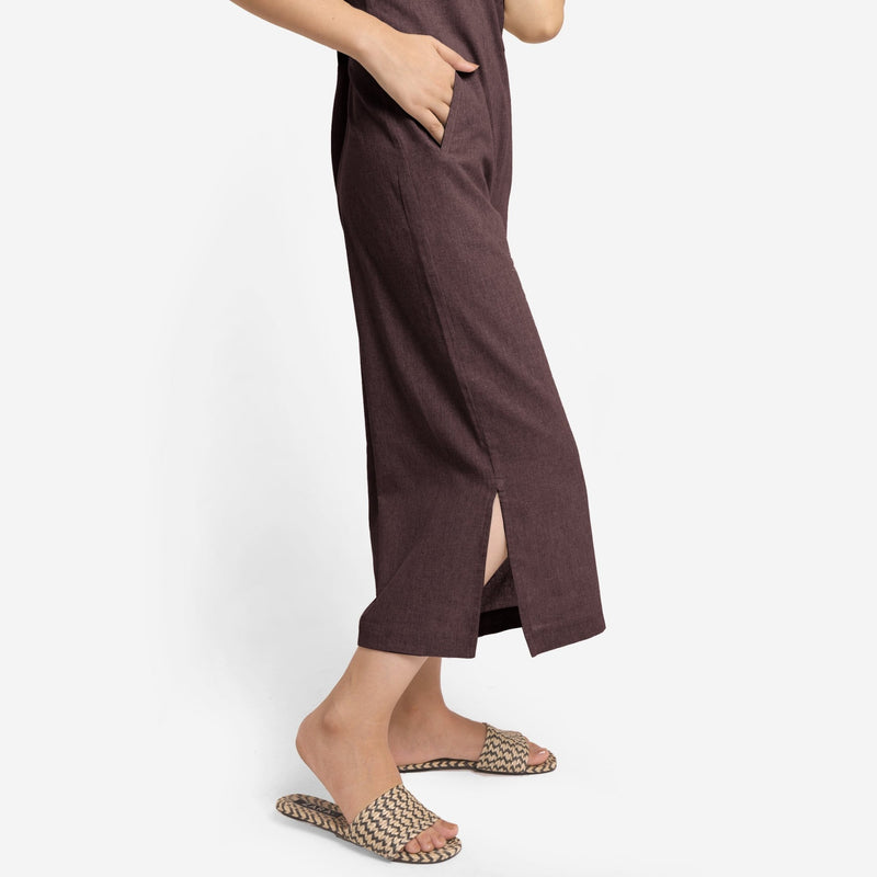 Brown Cotton Flax Sleeveless Wide Legged Jumpsuit