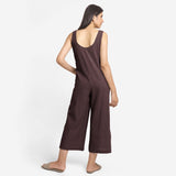 Brown Cotton Flax Sleeveless Wide Legged Jumpsuit