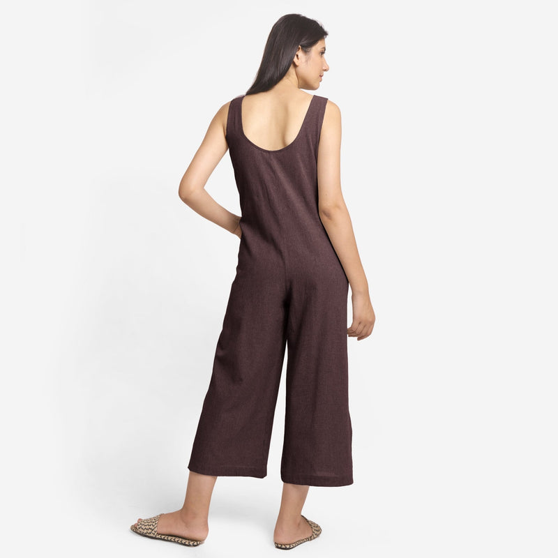 Brown Cotton Flax Sleeveless Wide Legged Jumpsuit