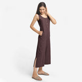 Brown Cotton Flax Sleeveless Wide Legged Jumpsuit