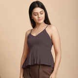 Left View of a Model wearing Brown Cotton Flax Slim Fit Pleated Camisole Top