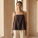 Brown Cotton Flax Spaghetti Strap Top with Elastic Gathered Back