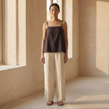 Brown Cotton Flax Spaghetti Strap Top with Elastic Gathered Back