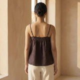 Brown Cotton Flax Spaghetti Strap Top with Elastic Gathered Back
