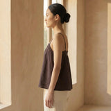 Brown Cotton Flax Spaghetti Strap Top with Elastic Gathered Back