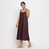 Front View of a Model wearing Brown Cotton Flax Strap Sleeve A-Line Dress