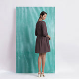 Brown Cotton Flax V-Neck Gathered Short Dress