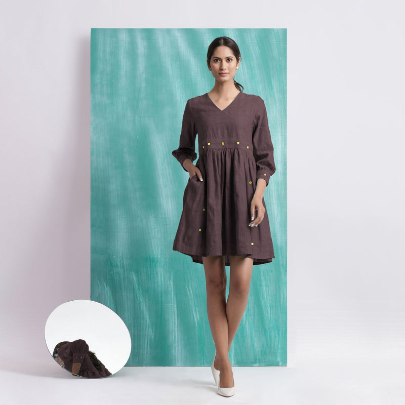 Brown Cotton Flax V-Neck Gathered Short Dress
