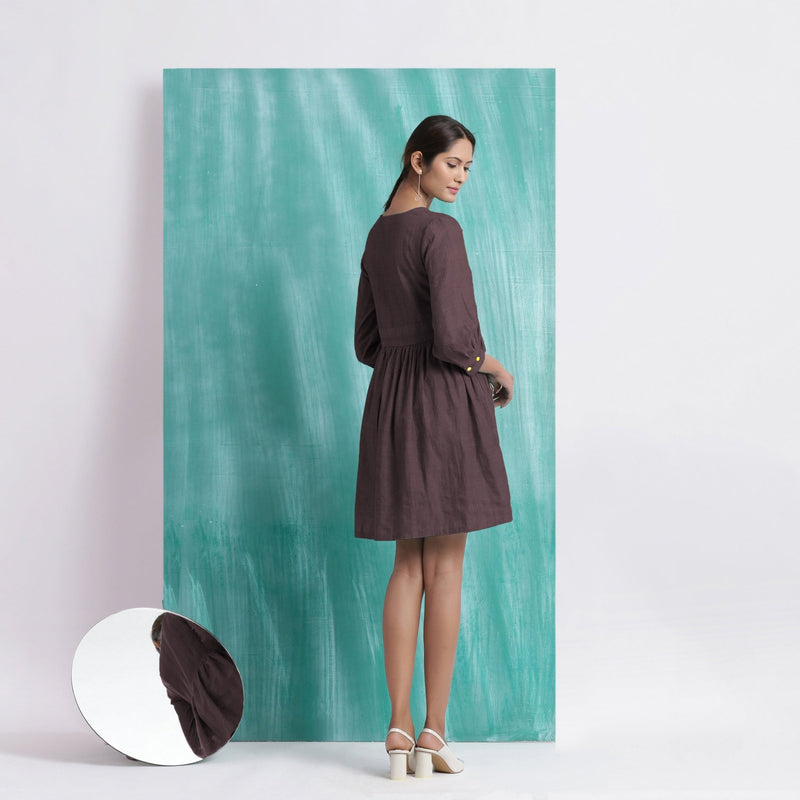 Brown Cotton Flax V-Neck Gathered Short Dress
