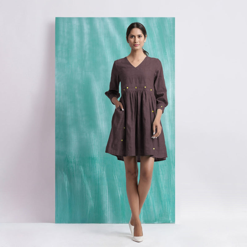 Brown Cotton Flax V-Neck Gathered Short Dress