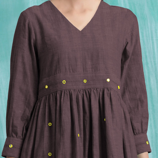 Brown Cotton Flax V-Neck Gathered Short Dress