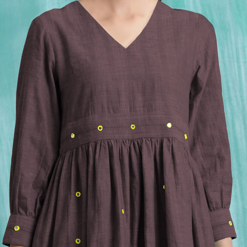 Brown Cotton Flax V-Neck Gathered Short Dress
