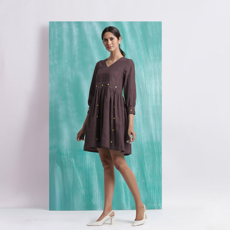 Brown Cotton Flax V-Neck Gathered Short Dress