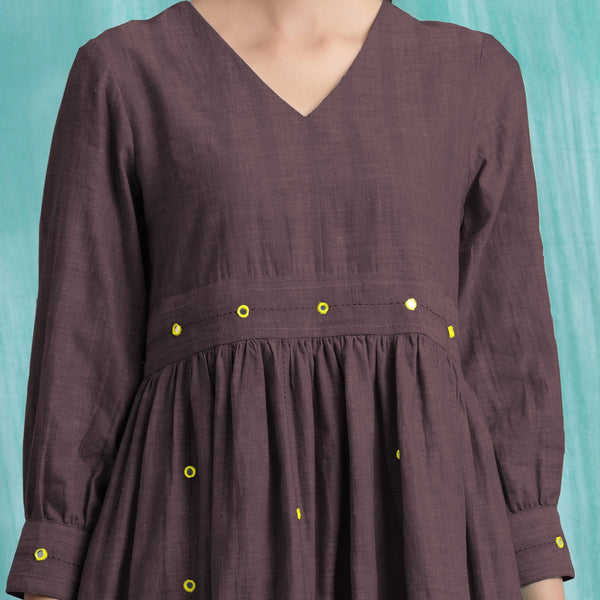 Brown Cotton Flax V-Neck Gathered Short Dress