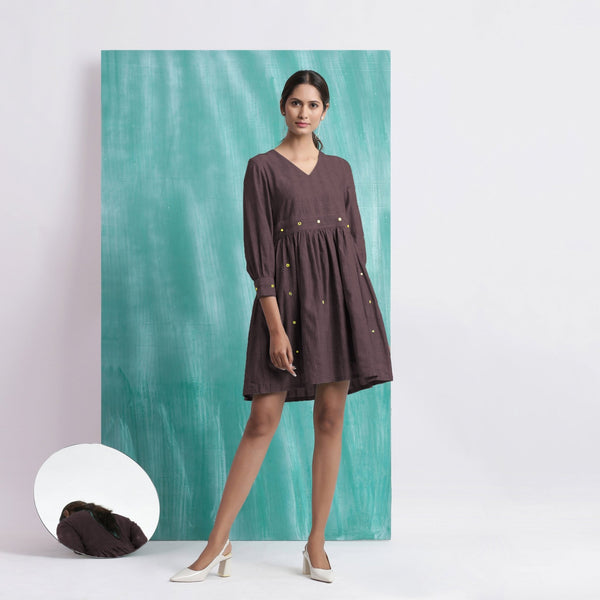 Brown Cotton Flax V-Neck Gathered Short Dress