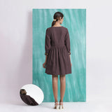 Brown Cotton Flax V-Neck Gathered Short Dress