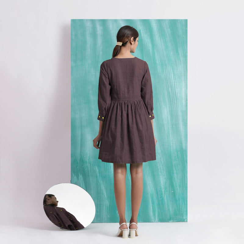 Brown Cotton Flax V-Neck Gathered Short Dress