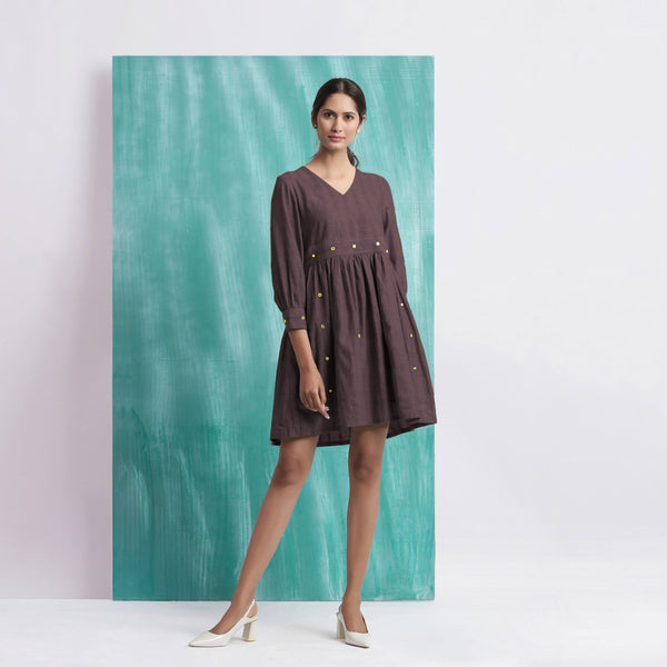 Brown Cotton Flax V-Neck Gathered Short Dress