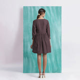Brown Cotton Flax V-Neck Gathered Short Dress