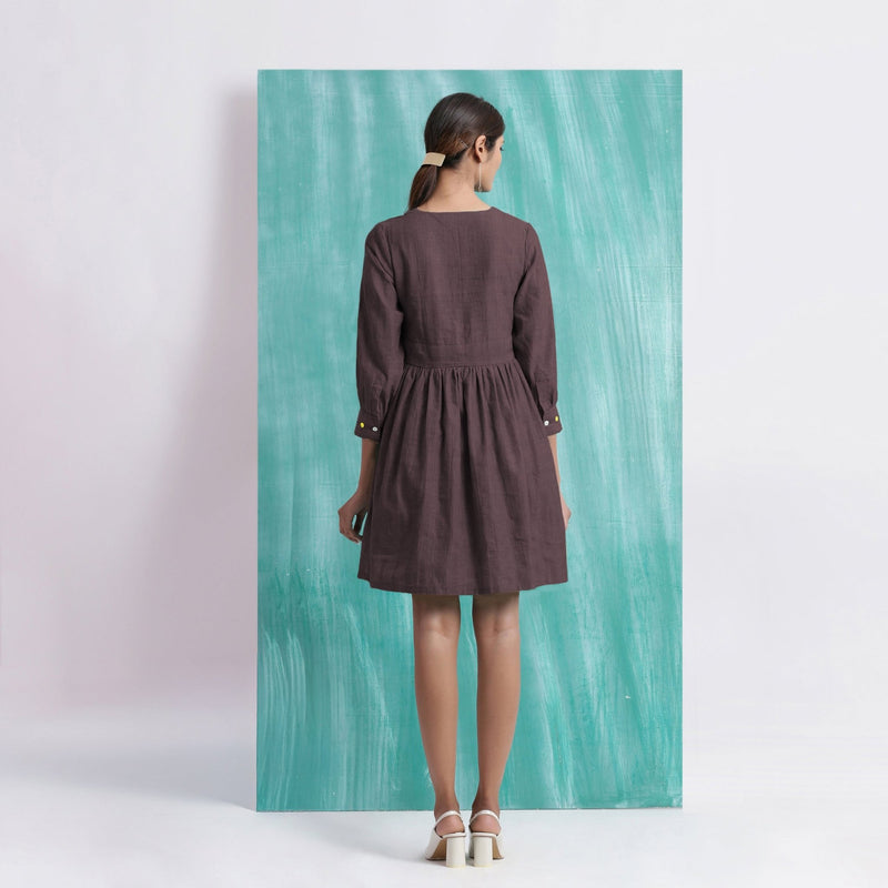 Brown Cotton Flax V-Neck Gathered Short Dress