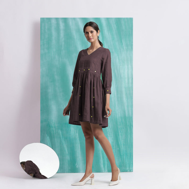 Brown Cotton Flax V-Neck Gathered Short Dress