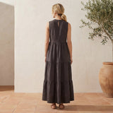 Brown Cotton Flax V-Neck Maxi Tier Dress