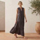 Brown Cotton Flax V-Neck Maxi Tier Dress