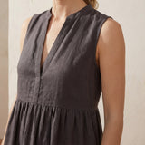 Brown Cotton Flax V-Neck Maxi Tier Dress