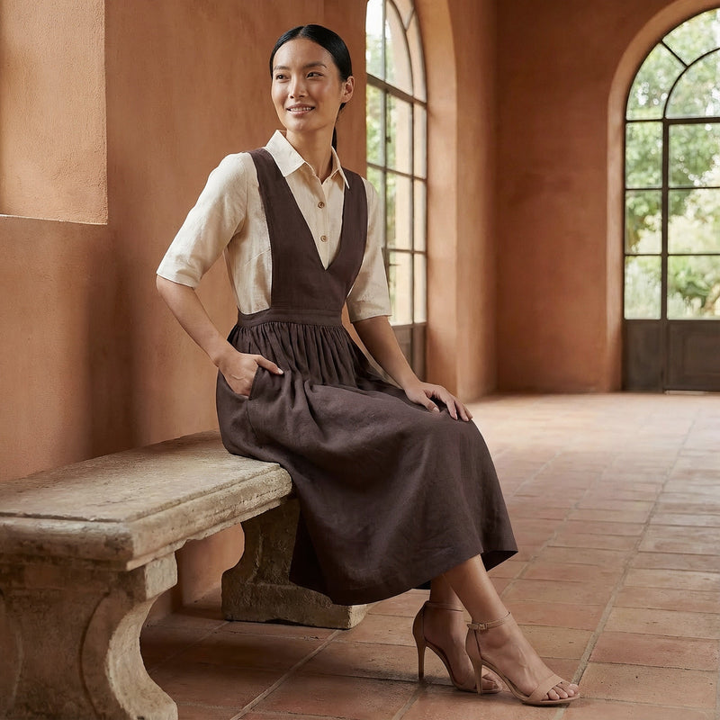 Brown Cotton Flax V-Neck Pinafore Midi Wrap Dress 38