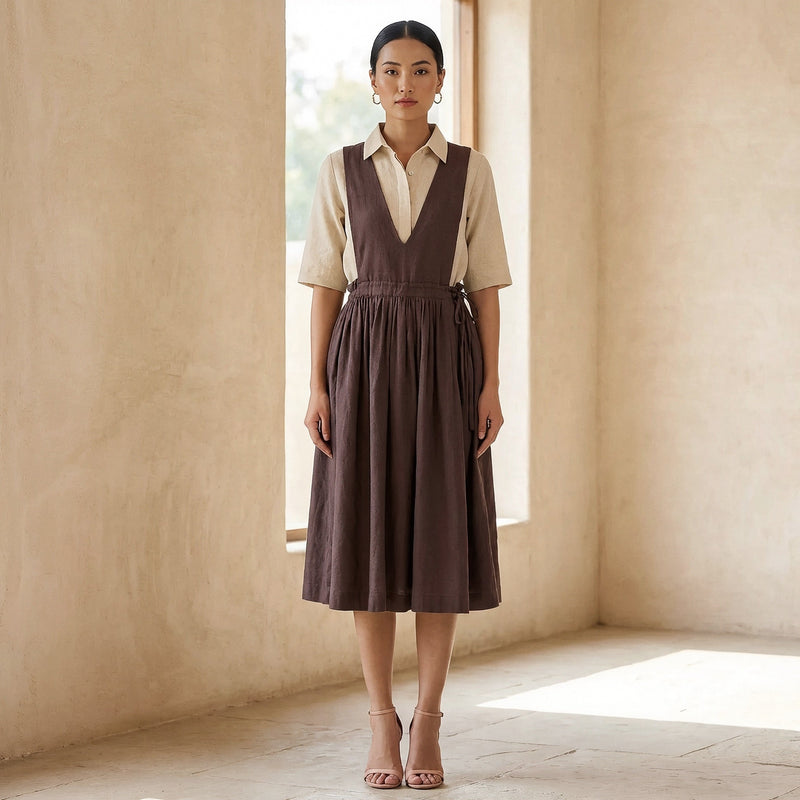 Brown Cotton Flax V-Neck Pinafore Midi Wrap Dress 38