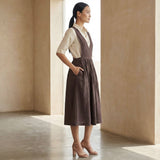 Brown Cotton Flax V-Neck Pinafore Midi Wrap Dress