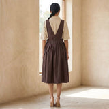 Brown Cotton Flax V-Neck Pinafore Midi Wrap Dress