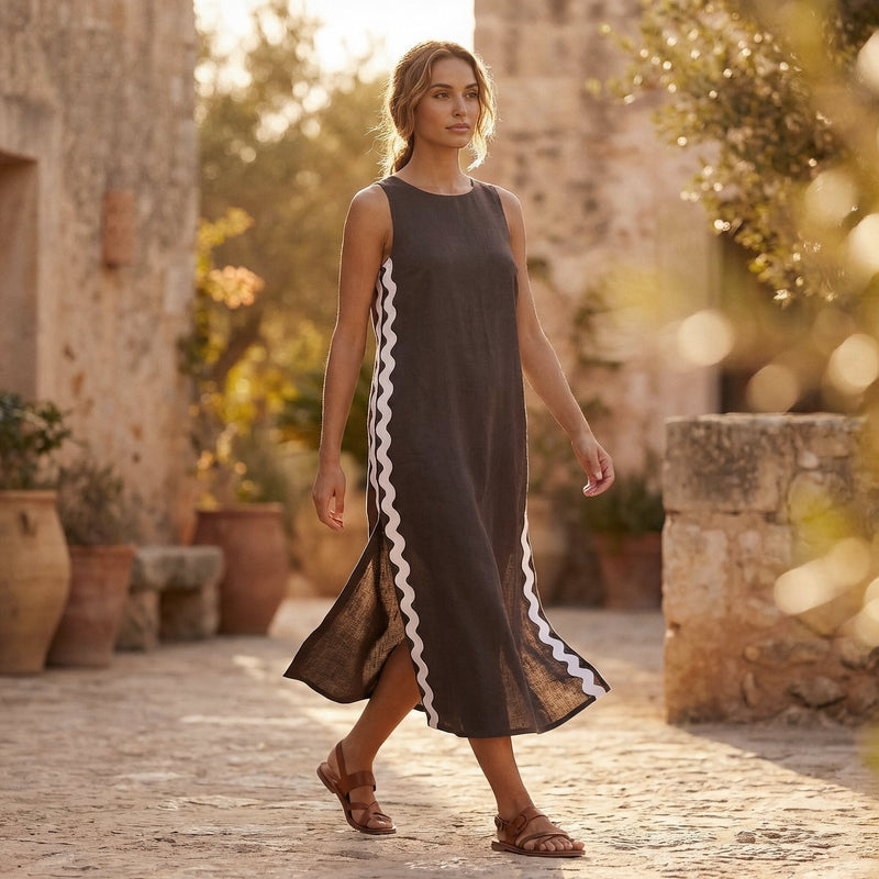 maxi shift dress Brown Cotton Flax Wavy Stripe Size:4 - 5 years LowStock:42696936685619 Maxi MAMA-2 short sleeve Button cuffs